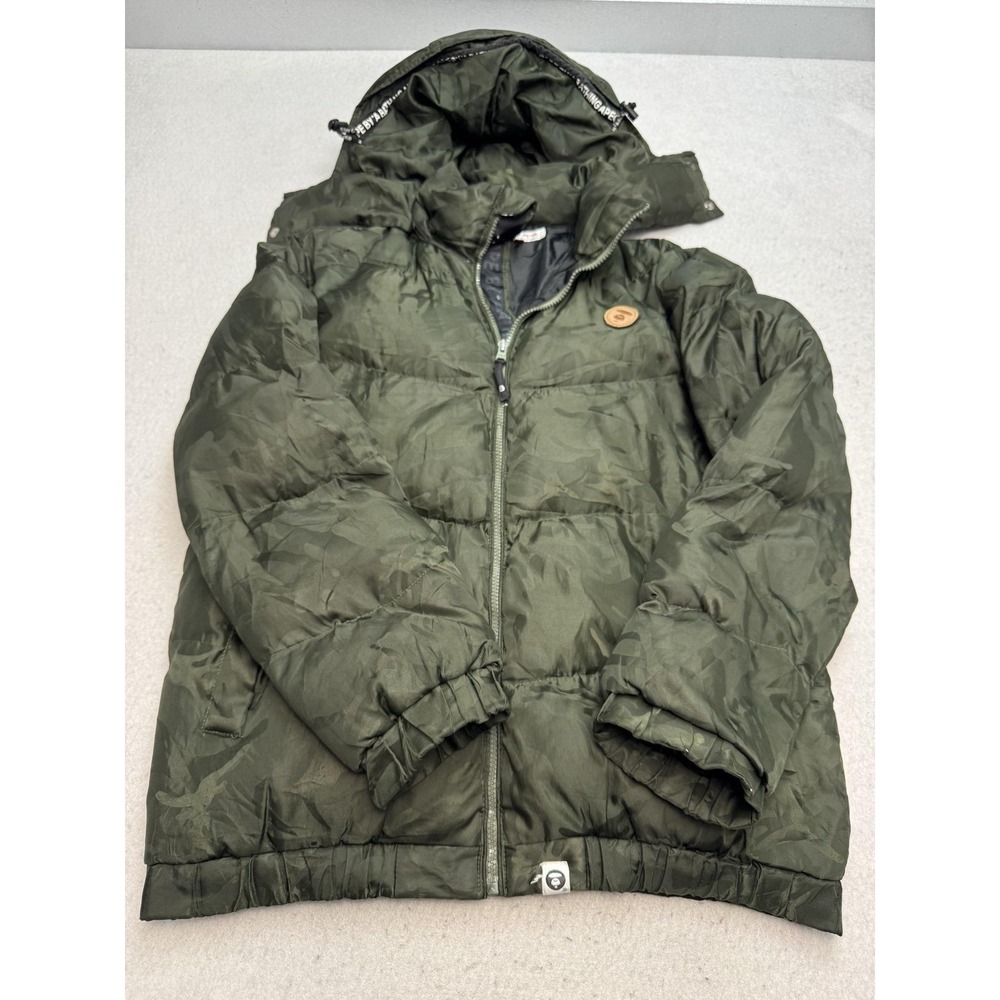 Aape By A Bathing Ape Jacket Mens Large Green Camo Puffer Hooded Full Zip